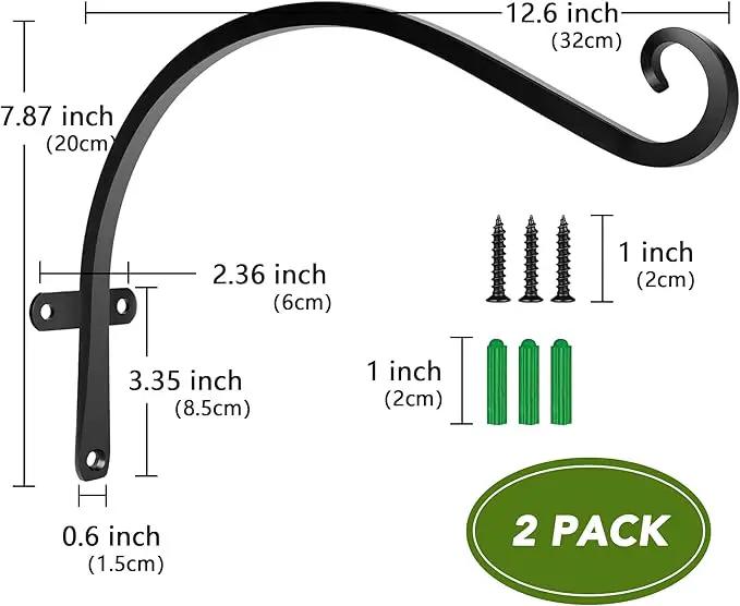 HOOPLE Plant Hangers Outdoor Heavy Duty 2 Pack, Extra Long 12 Inch Cast Iron Hanging Plant Bracket, Metal Black Plant Brackets Hook for Hanging Flower Baskets, Hanging Bracket, Elegant Design by GreenHaven Gardens