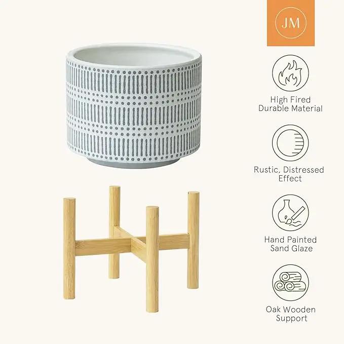 LA JOLIE MUSE Ceramic Plant Pot with Wood Stand - 7.3 Inch Modern Round Decorative Flower Pot Indoor with Wood Planter Holder, Slate Blue and White by GreenHaven Gardens