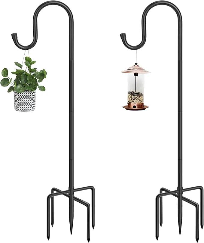 48 Inch Shepherds Hooks for Outdoor, Heavy Duty Bird Feeder Pole with 5 Prong Bases, Garden Hanging Stake for Bird Feeder, Solar Light, Plant Hanger, Wedding Decor, Metal Hanger Hooks, Black, 2 Packs by GreenHaven Gardens