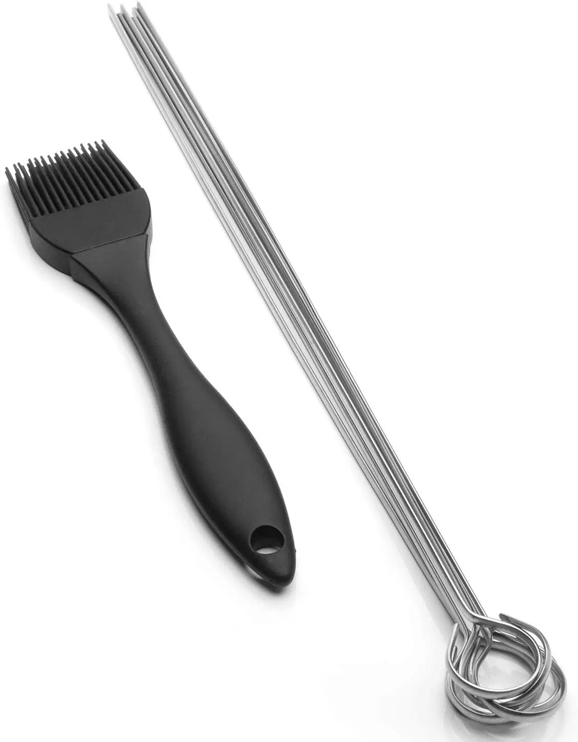 THORIUM BBQ Skewers |Shish Kebab Rotisserie Skewers for Grilling | Sharp Flat S kewers with Ring Handle for Easy Turning | Durable Stainless Steel | 12 Pieces, 35cm Long | Includes Basting Brush by GreenHaven Gardens