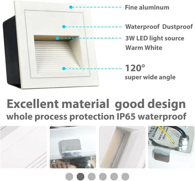 8Pack 3W LED Step Light, Warm White 3000K IP65 Waterproof Recessed Wall Light, Staircase Light Lighting lamp, Inside Outside Garden Balcony Corridor, Aluminum, 120V,White by GreenHaven Gardens