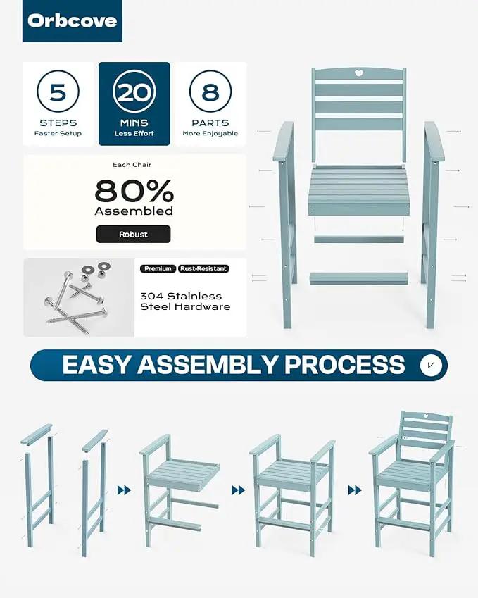 3-Piece Bar Height Outdoor Table and Chairs Set, HDPE Wood Grain Patio Bar Table and Chairs with Heart Cutout Design, Weather-Resistant Bar Height Furniture for Deck, Porch, Pool (Light Blue) by GreenHaven Gardens
