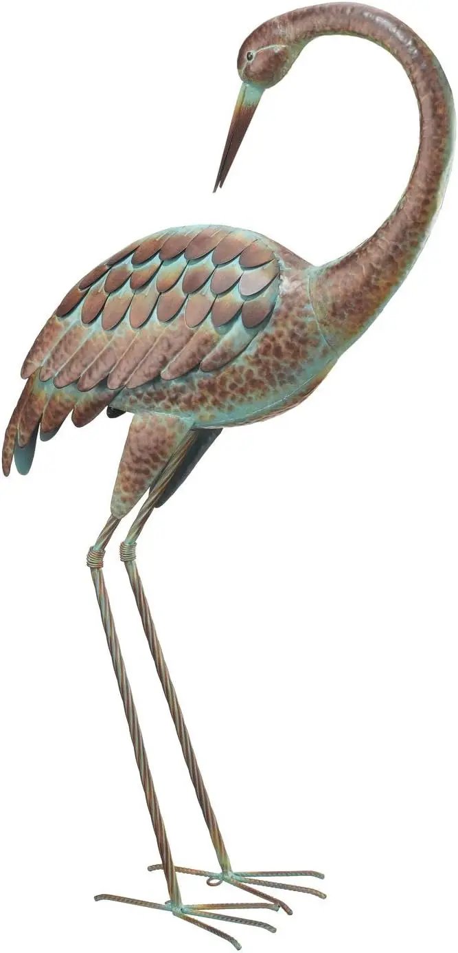 Regal Art & Gift Outdoor Garden Décor, Unique Bird Sculpture, Rustic Metal Bird Statues, Garden Ornaments, Bird Figurine for Lawn, Decorative Sculpture, Crane, Bronze/Green, Back Preening, 38"height by GreenHaven Gardens