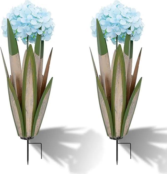 Large Metal Agave Plant, 2 Pack Big Tequila Rustic Sculpture witn Hydrangea, Rustic Metal Agave Plants Garden Lawn Home Ornaments, for Yard Stakes, Garden Figurines, Outdoor Patio (2 Blue Hydrangea) by GreenHaven Gardens