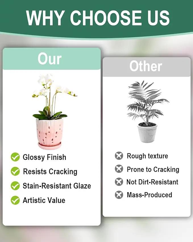 vensovo 6 Inch Ceramic Orchid Pot - Orchid Pot with Holes for Repotting, Ceramic Planter with Saucer for Indoor/Outdoor Plants, Pink by GreenHaven Gardens
