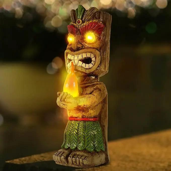 13" Tall Solar Torch Tiki Garden Statue, Resin Large Tiki Decor Figurine with Solar Lights, Hawaiian Tiki Man, Outdoor Patio Yard Lawn Bar Party Beach Pool Pond Decoration, Valentine's Day Gift by GreenHaven Gardens