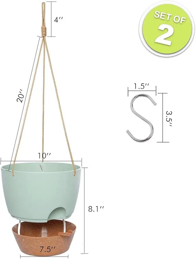 10 Inch Self Watering Hanging Pots, 2 Pack Hanging Planters with 40oZ Deep Reservior for Indoor Outdoor Plants Flowers, Green with Brown by GreenHaven Gardens