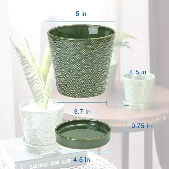 Plant Pots Indoor –5 inch Ceramic Flower Pot with Drainage Hole and Ceramic Tray - Gardening Home Desktop Office Windowsill Decoration Gift, Set of 4-Plants NOT Included (Patina) by GreenHaven Gardens