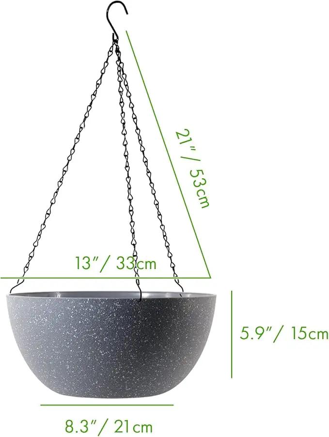 WOUSIWER 13 inch 2 Pack Large Hanging Planters for Indoor Outdoor Plants with Drainage Holes and Chain, Round Hanging Flower Pots for Garden Home Porch Decor, Grey Speckles by GreenHaven Gardens