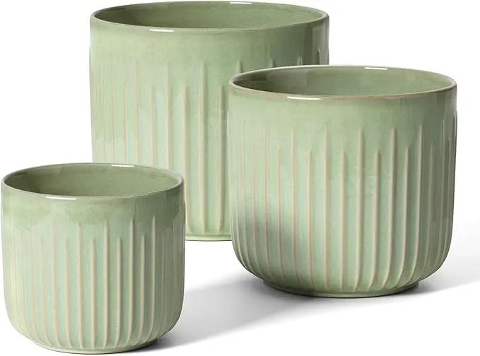 LE TAUCI Fluted Ceramic Planters Set of 3 – 8.3/7 / 5.7 in Sage Green Reactive Cylinder Indoor Plant Pots with Drainage Plug & Mesh, Glossy Stoneware Flower Pots for Succulents Herbs by GreenHaven Gardens
