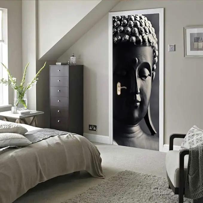 3D Door Stickers Murals - Buddha Statue - Peel and Stick - Waterproof & Washable - Matt Finish - Modern Style - White - 31.5" x 78.7" - 2 Pieces by GreenHaven Gardens