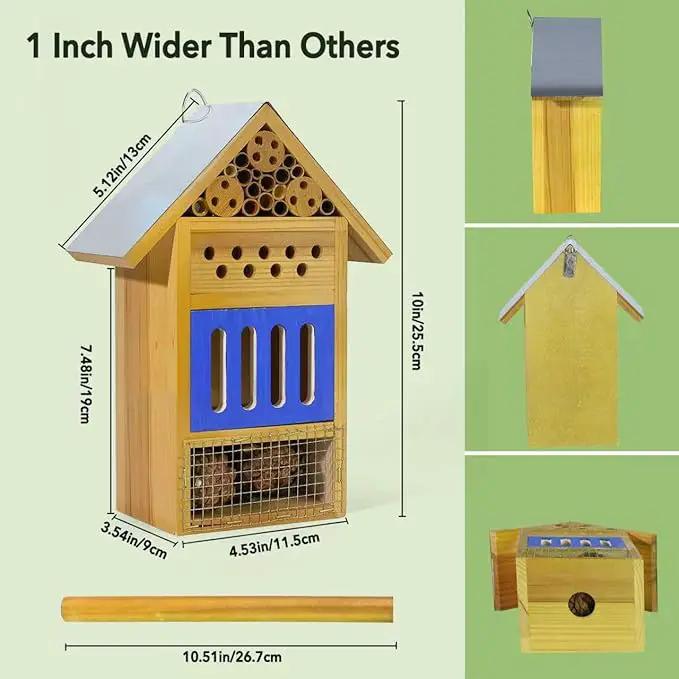 Wooden Butterfly House & Bee House for The Garden, Durable Bug Hotel W/Wooden Stake and Iron Roof, Insect Habitat On The Ground Or Hanging On The Tree, for Butterfly, Bee, Ladybug, Bug by GreenHaven Gardens