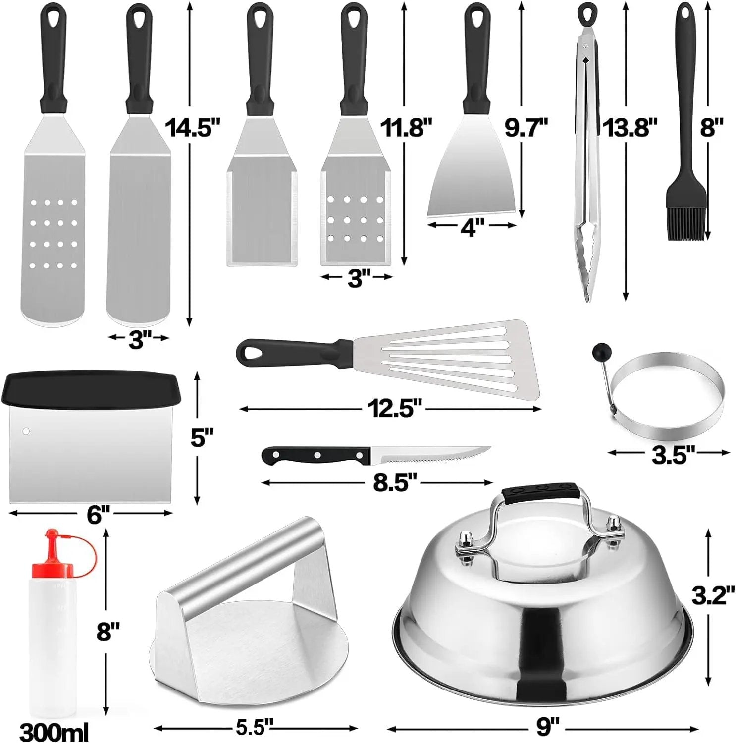 Griddle Accessories Kit of 20, HaSteeL Heavy Duty Metal Spatula Set, Stainless Steel Teppanyaki Tools for Flat Top, Barbecue Grilling Indoor & Outdoor, Melting Dome, Burger Turner, Dishwasher Safe by GreenHaven Gardens
