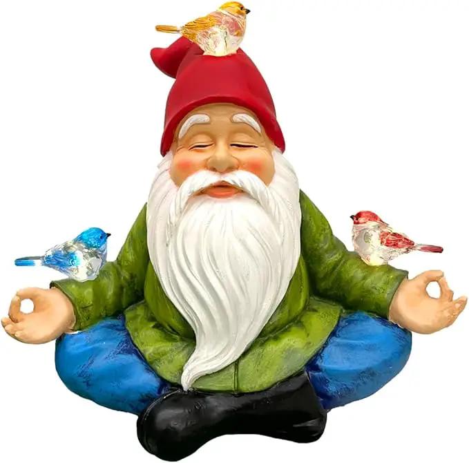 Solar Powered Gnome with Red Hat and 3 Birds Decorated Solar Light, Garden Decorations Statues, Garden Light Decor for Lawn Ornaments, Resin Garden Figurines (Gnome with 3 Birds) by GreenHaven Gardens
