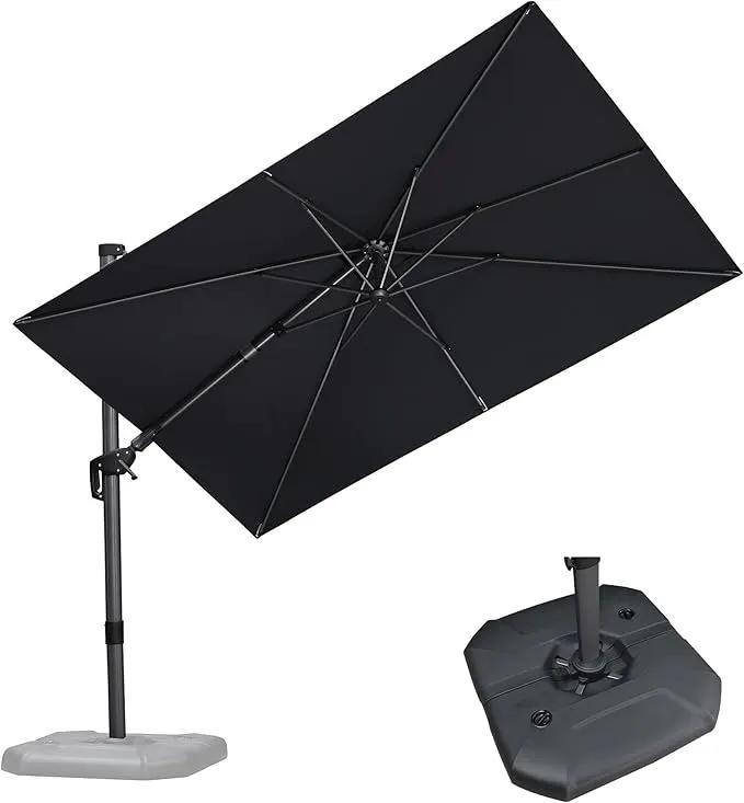PURPLE LEAF 6.5' X 10' Right-left Tilt Patio Umbrella with Base Outdoor Cantilever Swivel Rectangle Umbrella Aluminum Offset Umbrella with 360-degree Rotation for Garden Deck Pool Patio Grey by GreenHaven Gardens