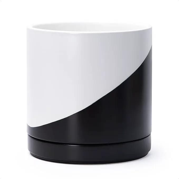 D'vine Dev 10 Inch Ceramic Planter Pot with Drainage Hole and Saucer, Indoor Cylinder Round Planter Pot, Oblique Monochrome Black and White, 94-O-E-K by GreenHaven Gardens