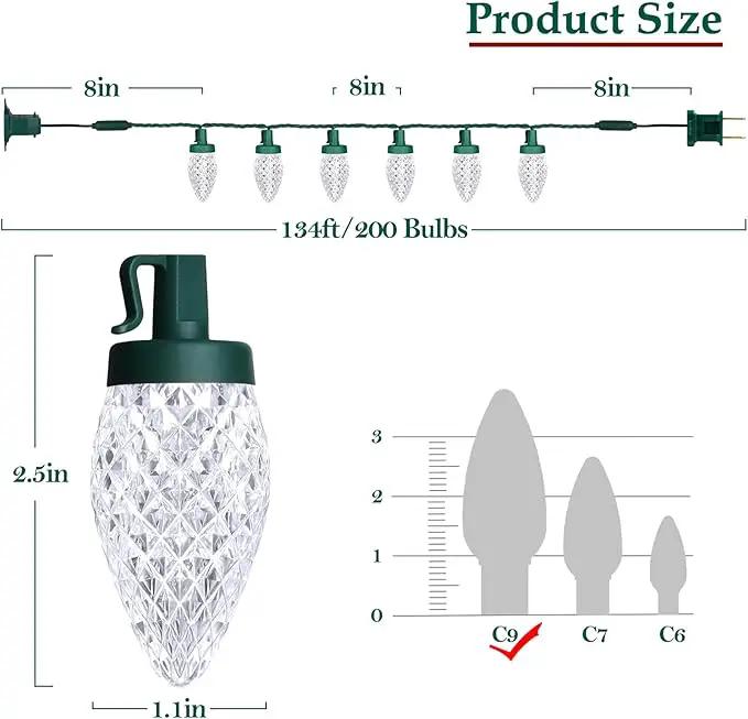 C9 LED Christmas Lights, 134FT 200 Bulbs Outdoor Christmas Decorations for House Waterproof String Lights Extendable Green Wire Fairy Lights for Patio Xmas Garden Party Wedding Indoor Pure White by GreenHaven Gardens