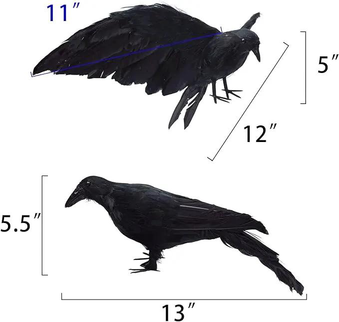 2-Pack Realistic Crows Lifesize Extra Large Handmade Black Feathered Crow for Halloween Decorations Birds, L (13 inch+12 inch) by GreenHaven Gardens