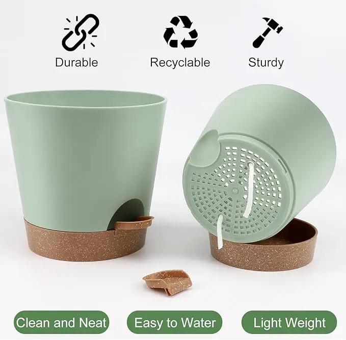 Indoor Self Watering Planters with Drainage Holes and Saucers, 8, 7, 6.5, 6, 5.5, 5 Inches, Green, 6 Pots by GreenHaven Gardens
