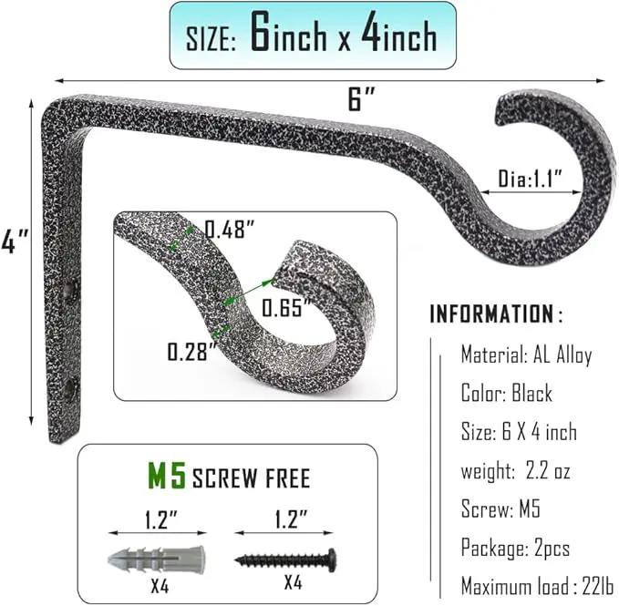Hanging Plant Bracket 6inch Metal Plant Hook Decorative Wall Plant Hanger for Hanging Lanterns, Bird Feeder, Flower Basket, Home Decor Indoor & Outdoor (2, Silver Hammertone) by GreenHaven Gardens