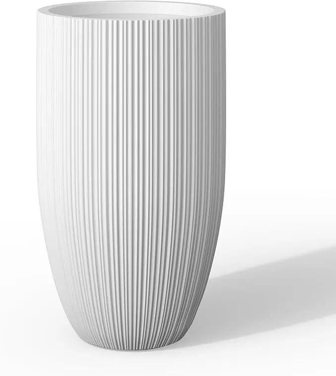 Kante 24 Inch Tall Round Concrete Planter, Large Indoor Outdoor Plant Pots with Drainage Hole and Rubber Plug, Modern Decorative Garden Pots for Home Patio Porch, Textured White by GreenHaven Gardens