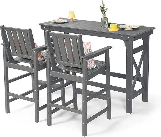 3 Pieces HDPE Outdoor Patio Bar Set, Rectangular Bar Height Table and Chairs Set, Patio Bar Stools Set, HDPE Outdoor Bar Table and Chairs Set for Balcony, Poolside, Porch, Smoke Gray by GreenHaven Gardens
