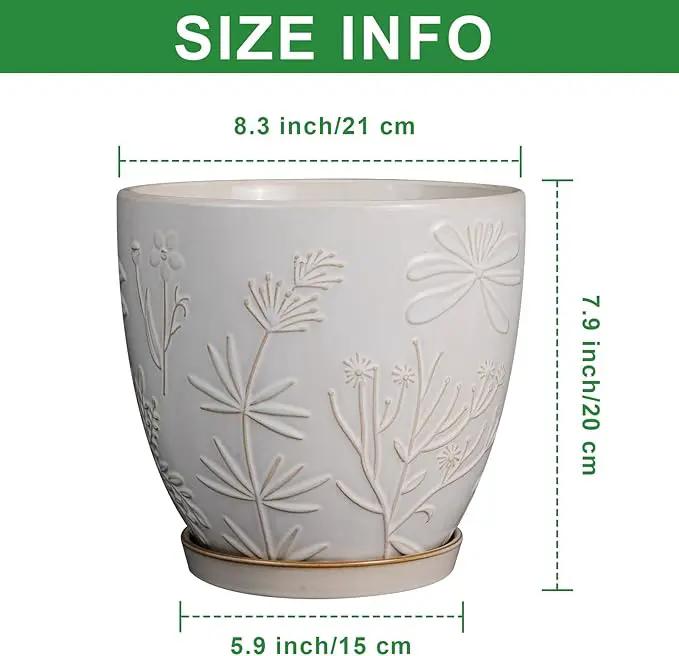 8 Inch Ceramic Pots for Plants Large Planter Pot with Drainage Hole and Saucer Round Flower Pot for Indoor Outdoor Decor, White by GreenHaven Gardens