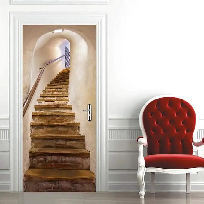 3D Staircase Door Mural - Waterproof & Washable - Matt Finish - Realistic - White - 31.5" x 78.7" (2 Parts) by GreenHaven Gardens