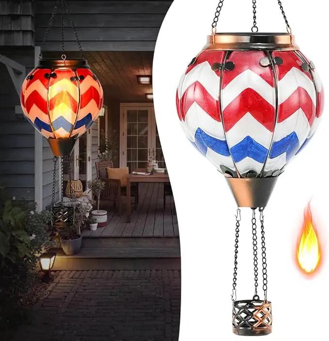 U.S Flag Hot Air Balloon Solar Lantern - Simulated Flickering Flame Stained Glass Light for Outdoor, Yard Hanging/ Waterproof IP65, Ideal 4th of July Gift for Patriot Veterans Patio Decor by GreenHaven Gardens