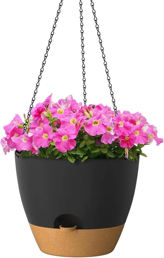 ZMTECH 12 Inch Hanging Planters for Indoor Outdoor Plants, 1 Pack Self Watering Hanging Plant Pots with Drainage Holes and Removable Saucer, Plastic Flower Hanging Pots with Watering Lip (Black) by GreenHaven Gardens