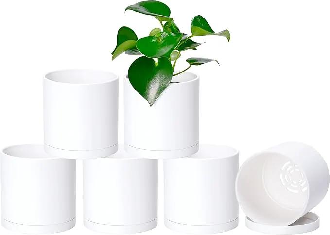 D'vine Dev 6 Pack 5 Inch Modern Plastic Plant Pots, Small Garden Planters for Plant with Drainage Holes and Saucers, White Color, 74-Z-G-3 by GreenHaven Gardens