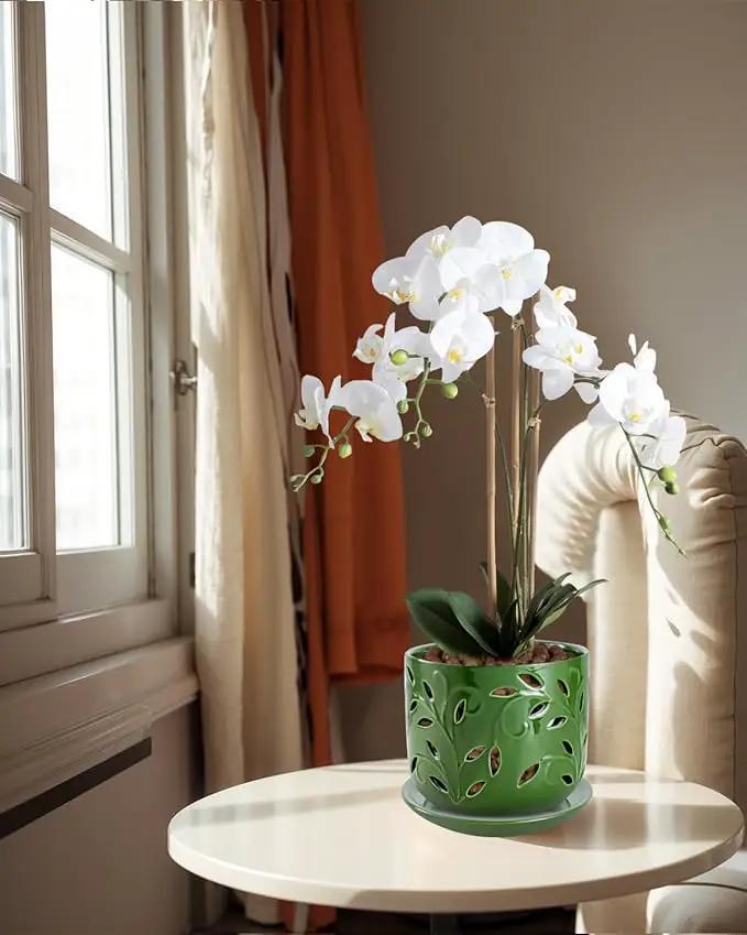 EFISPSS Orchid Pot with Holes, 5+6Inch Ceramic Plant Pots with Drainage Holes and Tray, Promoting Air Circulation and Drainage, Indoor/Outdoor Flower Pots-Green by GreenHaven Gardens