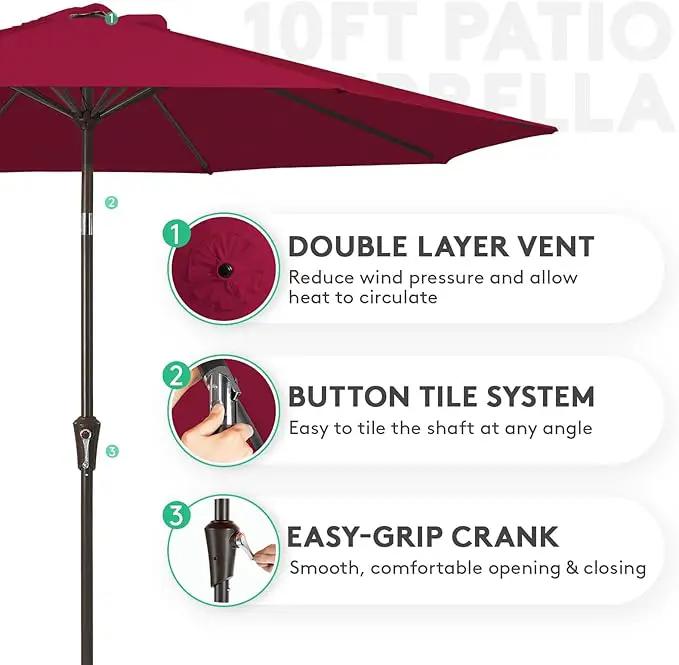 JEAREY 10FT Outdoor Patio Umbrella Outdoor Table Umbrella with Push Button Tilt and Crank, Market Umbrella 8 Sturdy Ribs UV Protection Waterproof for Pool, Garden (Wine Red) by GreenHaven Gardens