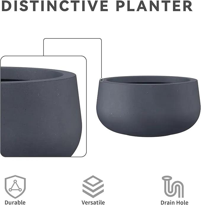 Kante 15.7" Dia Round Concrete Planter, Outdoor Indoor Garden Plant Pots with Drainage Hole and Rubber Plug, Modern Curvaceous Design, Charcoal by GreenHaven Gardens