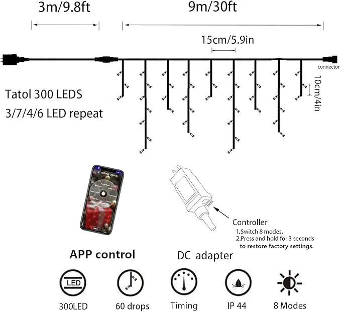 YASENN Bluetooth APP Icicle Lights LED Christmas String Light Icicle Style 300 LED 30ft Fairy Lights 60 Drops Icicle Lights for Indoor Outdoor Decorations(Warm White) by GreenHaven Gardens