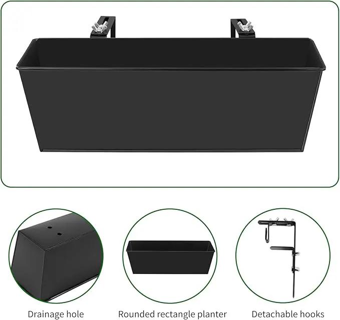 Railing Planter for Outdoor Plants 16 Inch Metal Rectangular Window Boxes with Adjustable Brackets and Drainage Hanging Flower Pots for Balcony Deck Railings Apartment Patio Decor Black(4PCS) by GreenHaven Gardens