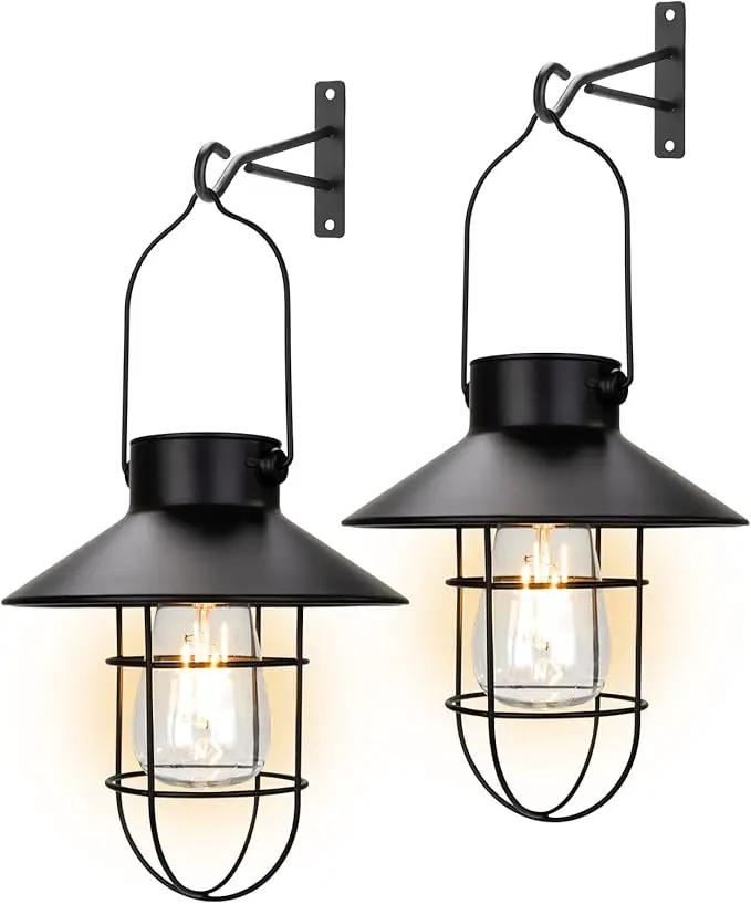 pearlstar Solar Lanterns Outdoor Metal Solar Powered Hanging Lights Waterproof for Wall Barn Yard Garden Patio Garage Balcony Porch Fence Decor, Warm White Edison Bulb (Black-2pack) by GreenHaven Gardens