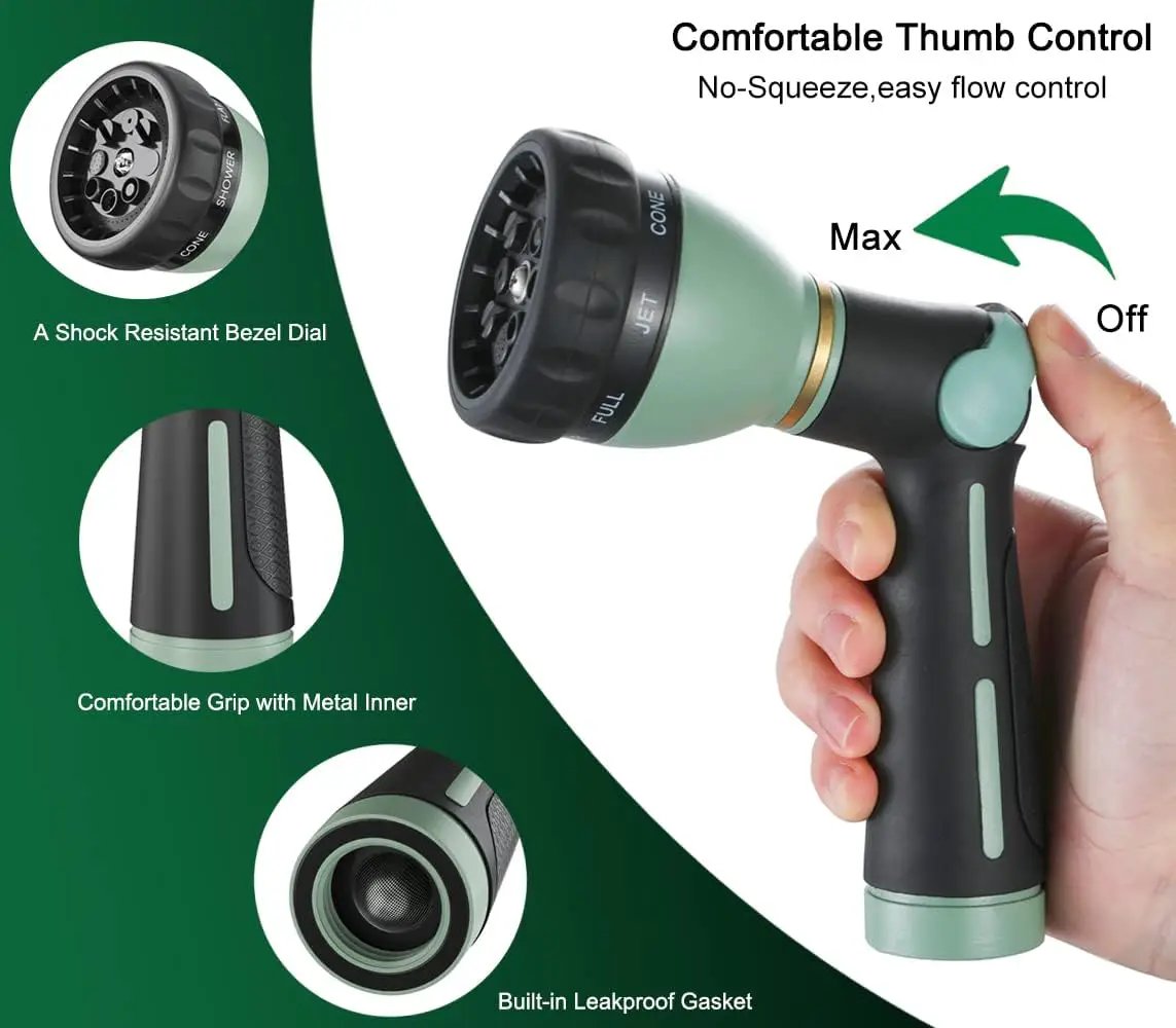 FANHAO Garden Hose Nozzle Heavy Duty, 100% Metal Water Hose Nozzle Sprayer with 8 Spray Patterns, High Pressure Sprayer Nozzle with Thumb Control, On Off Valve for Garden Watering, Car & Pet Washing by GreenHaven Gardens
