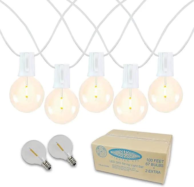 Novelty Lights 100 Feet G40 LED Patio String Lights with 67 Bulbs, Warm White, Weather Resistant and Shatterproof Replaceable Plastic Globe Bulbs, White Wire by GreenHaven Gardens