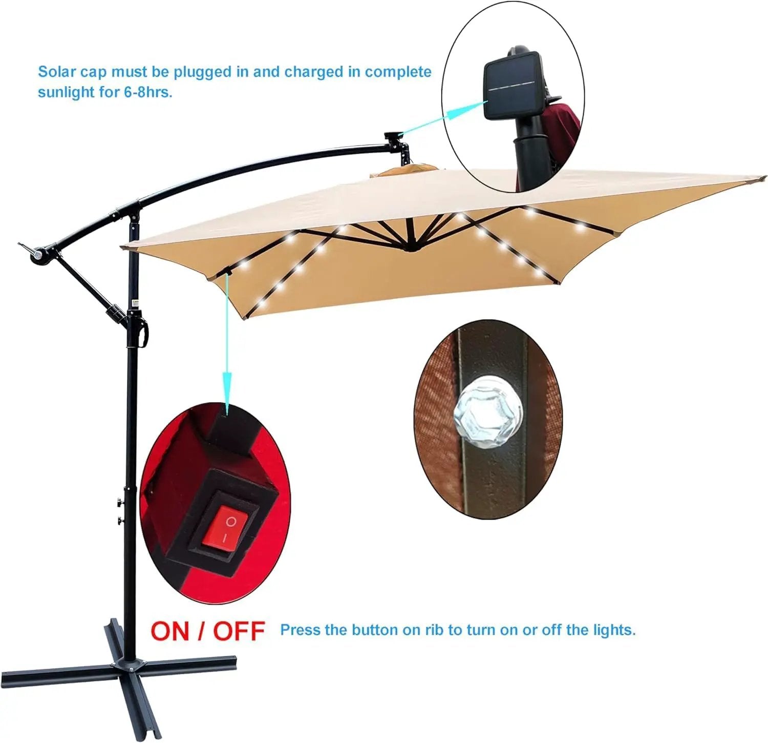 10x6.5FT Patio Umbrella, Outdoor Offset Umbrella with Cross Base and Crank, Rectangular Cantilever Umbrella with Solar Lights, Hanging Market Umbrella with 6 Rids for Pool, Deck, Backyard (Tan) by GreenHaven Gardens