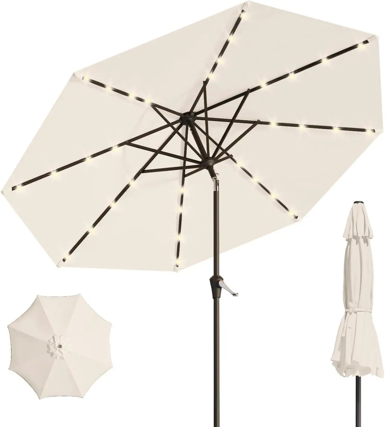 10FT Solar Umbrella 32 LED Lighted Patio Umbrella Table Market Umbrella w/Tilt and Crank, UV-Resistant Outdoor Umbrella for Pool, Garden, Deck, Creamy White by GreenHaven Gardens