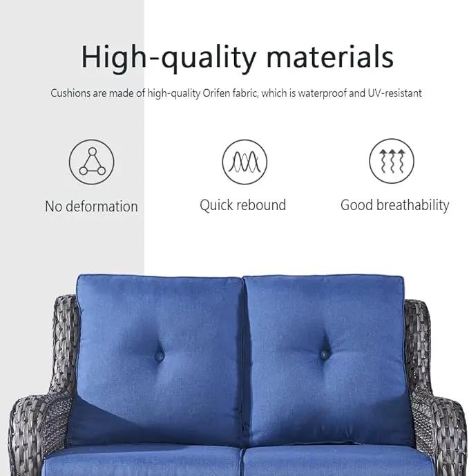5 Piece Outdoor Patio Furniture Set - Wicker Furniture Patio Conversation Set, Outdoor Swivel Rocker Chairs with Loveseat Sofa and 2 Ottomans for Small Space, Blue Cushion by GreenHaven Gardens