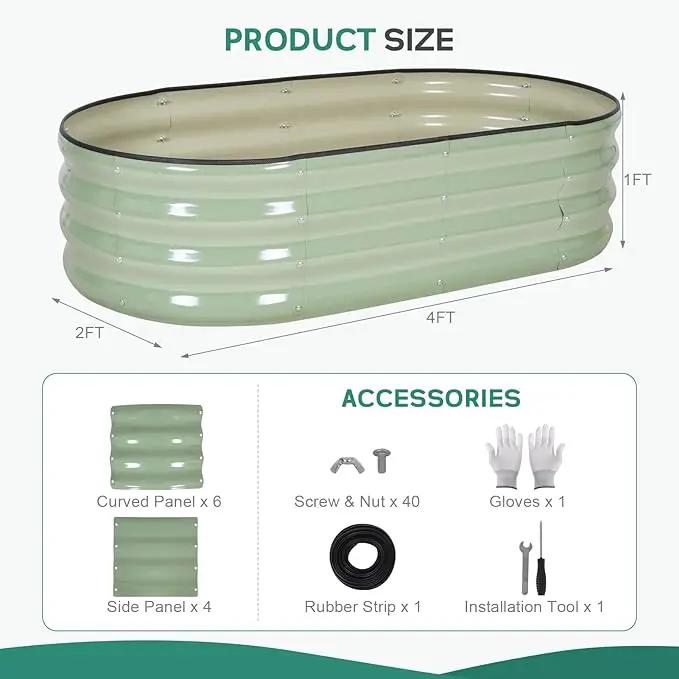 Galvanized Raised Garden Bed - 4×2×1ft (2 Packs) Planter Raised Beds for Gardening | Oval Metal Garden Planter Box with Safety Edging and Gloves for Vegetables Fruits Flower - AvocadoGreen by GreenHaven Gardens