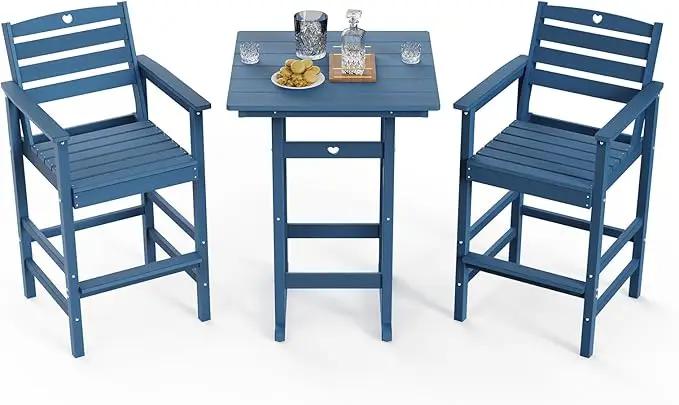 3-Piece Bar Height Patio Table and Chairs Set, HDPE Wood Grain Outdoor Bar Table and Chairs with Heart Cutout Design, Weather-Resistant Bar Height Furniture for Deck, Porch, Pool (Navy Blue) by GreenHaven Gardens