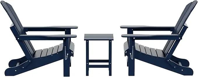 WO Home Furniture Adirondack Chairs Table Set of 3 PCS Outdoor Folding Chairs Side End Table Weather/UV Resistant for Lawn, Garden, Bon Fire, Balcony (Navy Blue) by GreenHaven Gardens