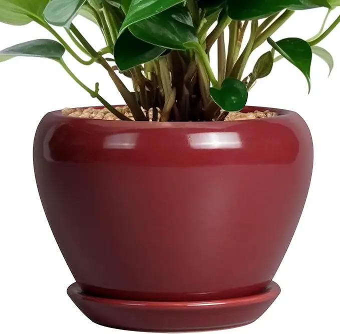 Ceramic Pot for Plants - 6 Inch Plant Pot Indoor with Drainage Hole and Saucer Succulent Outdoor Planter Round Flower Pot for House Patio Decor Red by GreenHaven Gardens