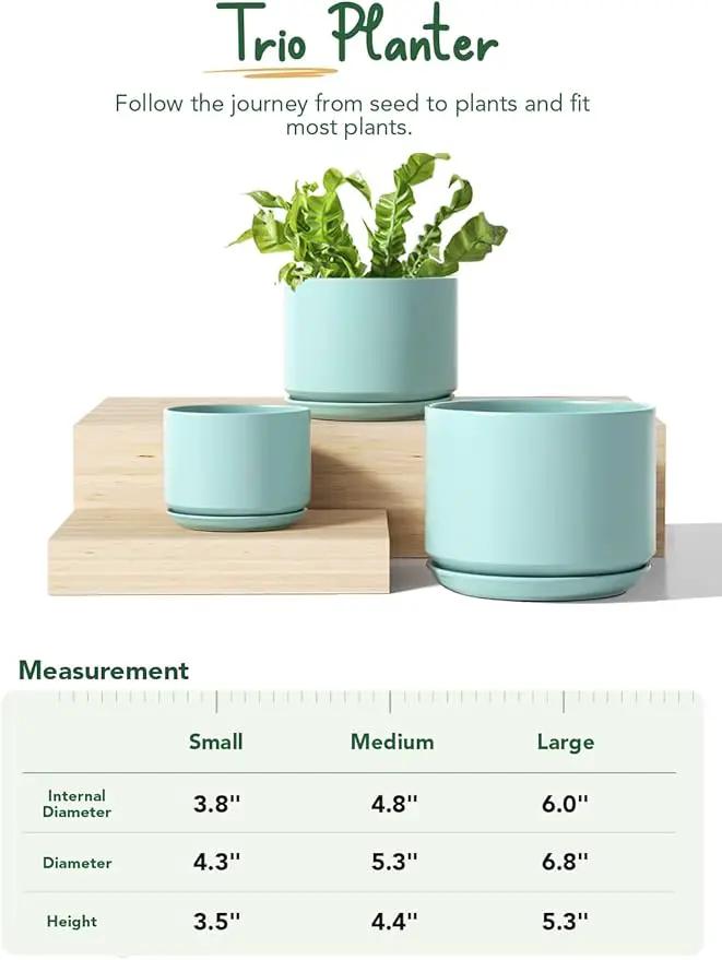 LE TAUCI Ceramic Plant Pots, 4.3+5.3+6.8 inch, Set of 3, Planters with Drainage Hole and Saucer, Indoor Flower Pot with Hole Mesh Pad, Gifts for Mom, Aqua by GreenHaven Gardens