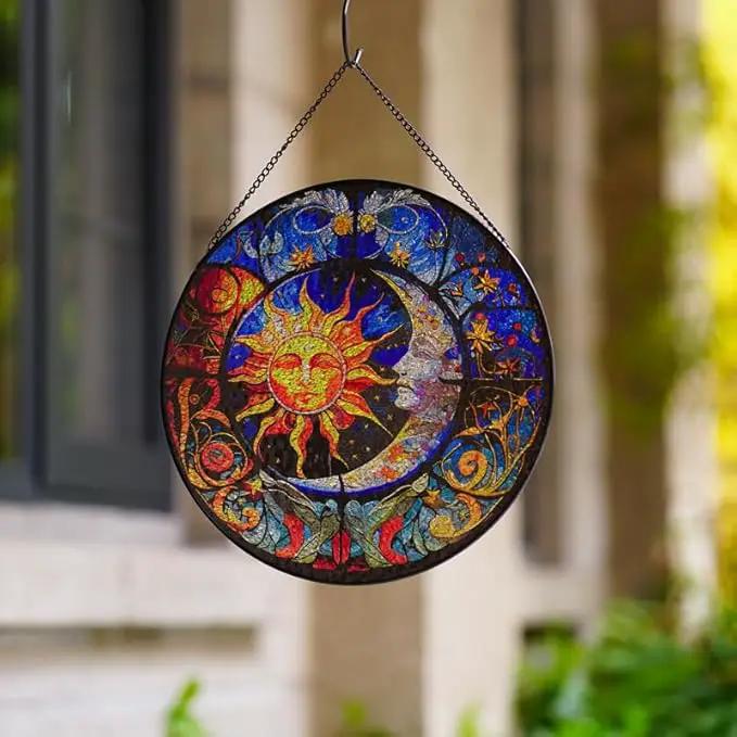 Stained Glass Suncatcher,Sun and Moon Artistic Window Hanging,7.8” Hand-Painted Glass Panel Wall Home Decor,Gift for Women Garden Decor Suncatcher (Sun and Moon), BL009 by GreenHaven Gardens
