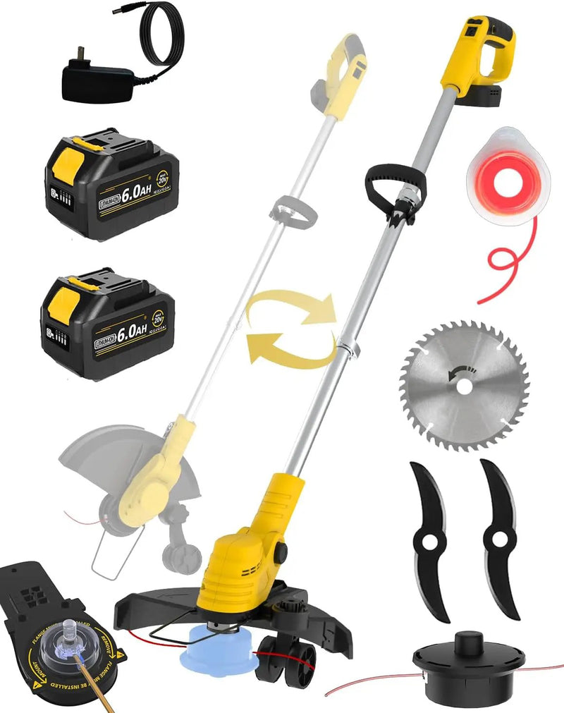 20000 RPM(6.0AhX2) Electric Weed Wacker,Dual-Durable-Line,Metal Blades,Wheel,4-in-1 Battery Powered Weed Eater Cordless+String Trimmer+Edger Lawn Tool+Brush Cutter,Weed Whacker