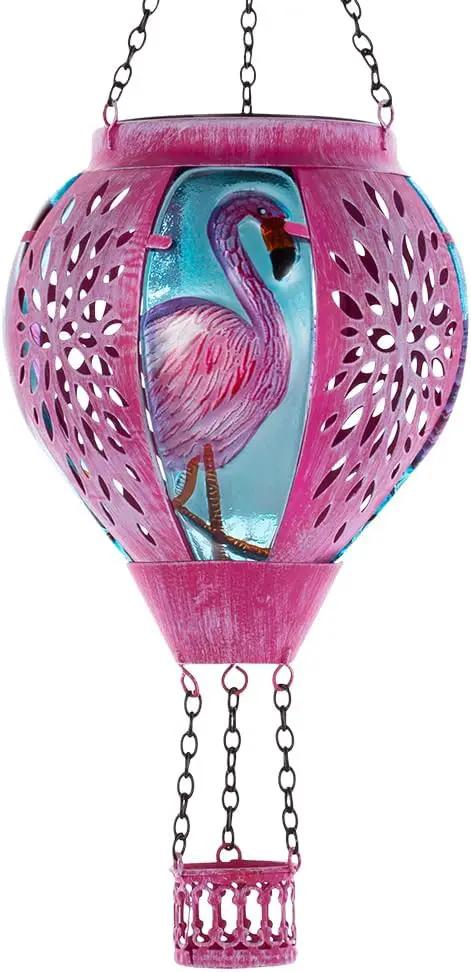 Starsoul Pink Hot Air Balloon Solar Lantern Flamingo Metal & Glass Solar Hot Air Balloon Hanging Garden Light Waterproof Outdoor Lantern for Patio Yard Party Decor by GreenHaven Gardens